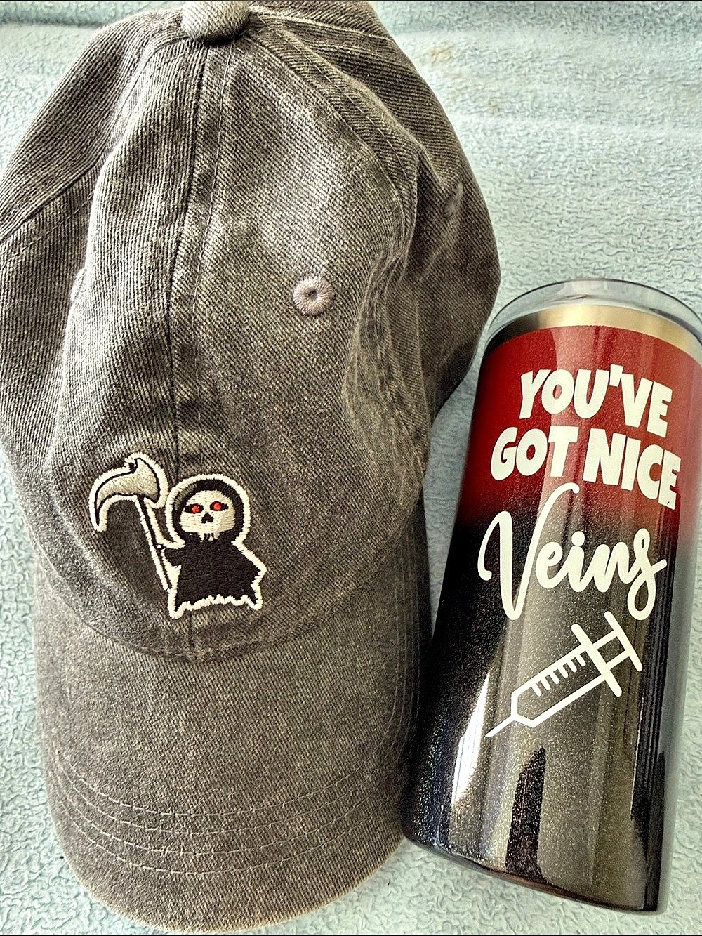 Embroidered Grim Reaper Hat in Gray & Funny Nurse Tumbler